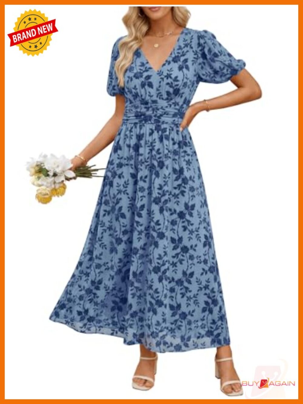 Women's Floral Mesh Formal Maxi Dress V-Neck Puff Sleeve Wedding Guest